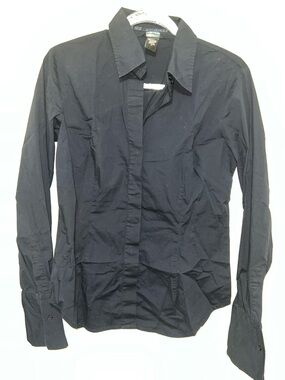 Moda International Navy Button Up Shirt Women’s Medium Stretch Blouse